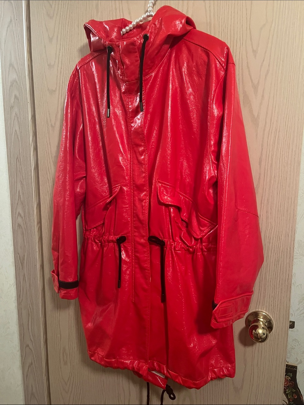 Red Hooded Trench Coat with Drawstring Waist